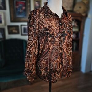 Apparenza Blouse Long Sleeve Shirt Paisley Button Up Brown Boho Retro Sheer